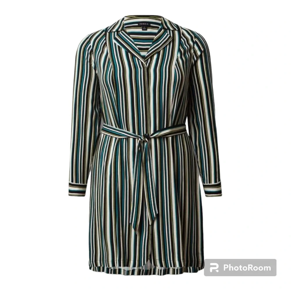Torrid Black and Green Striped Wrap Belted Long Sleeve Mini Dress Size…